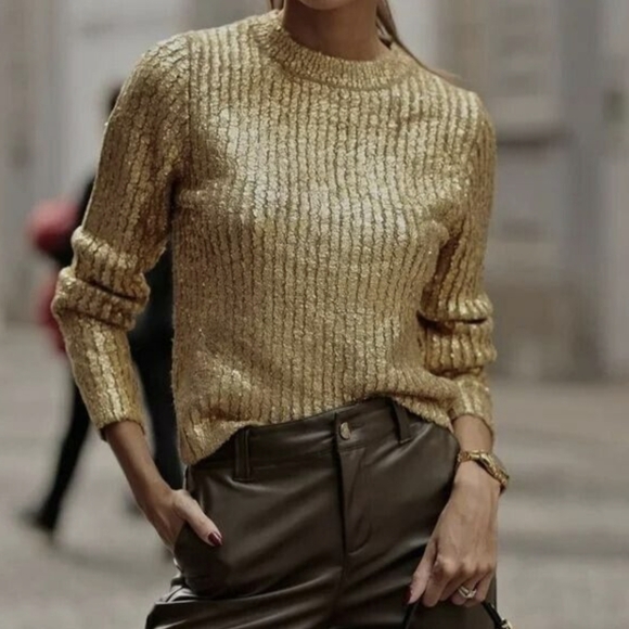 vintage JESSICA* gold lamé long sleeve mock neck lightweight sweater top. XL - Picture 7 of 10